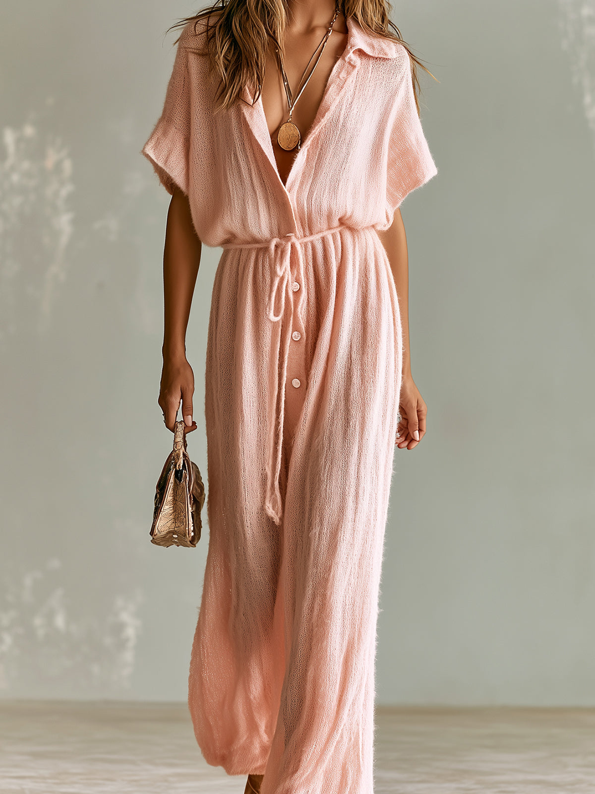 Chic Elegant Pink Lapel-Collar Short-Sleeve Single-Breasted Tie-Waist Loose-Fit Breathable Knit Wide-Leg Jumpsuit