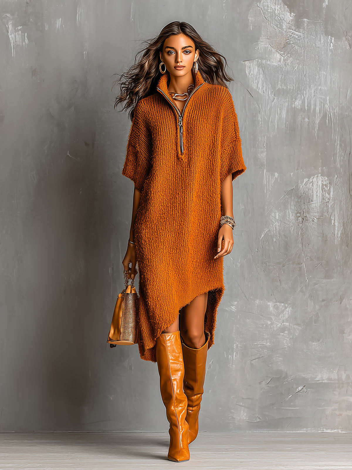 Chic Casual Caramel Brown Half-Zipper Neck Short-Sleeve Asymmetrical Hem Loose-Fit Soft Knit Midi Dress