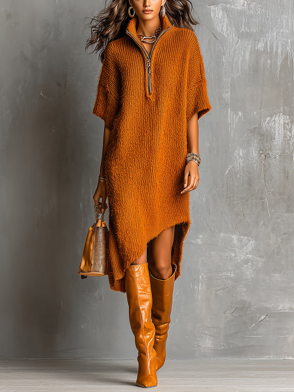 Chic Casual Caramel Brown Half-Zipper Neck Short-Sleeve Asymmetrical Hem Loose-Fit Soft Knit Midi Dress