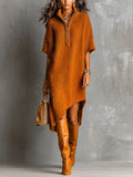 Chic Casual Caramel Brown Half-Zipper Neck Short-Sleeve Asymmetrical Hem Loose-Fit Soft Knit Midi Dress