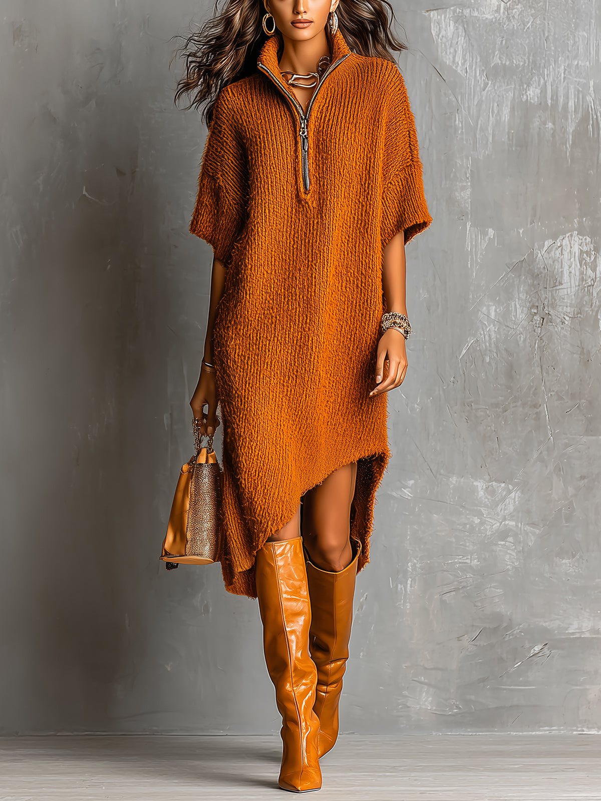 Chic Casual Caramel Brown Half-Zipper Neck Short-Sleeve Asymmetrical Hem Loose-Fit Soft Knit Midi Dress