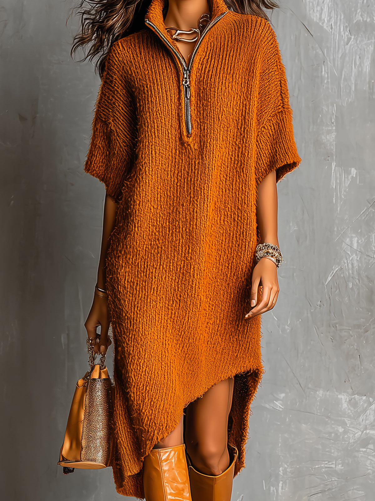 Chic Casual Caramel Brown Half-Zipper Neck Short-Sleeve Asymmetrical Hem Loose-Fit Soft Knit Midi Dress