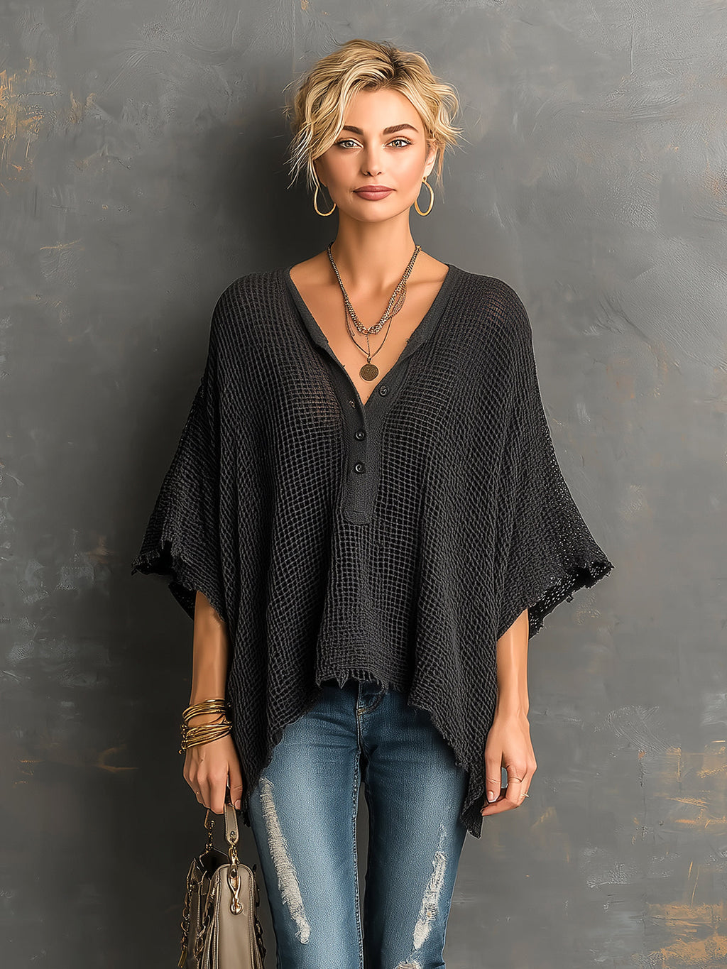 Chic Casual Black Henley Collar Dropped Shoulder Batwing-Sleeve Raw Edge Detail Loose-Fit Sweater
