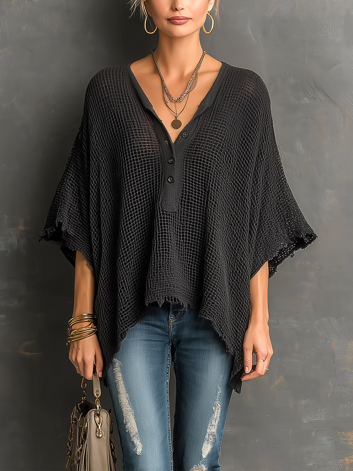 Chic Casual Black Henley Collar Dropped Shoulder Batwing-Sleeve Raw Edge Detail Loose-Fit Sweater