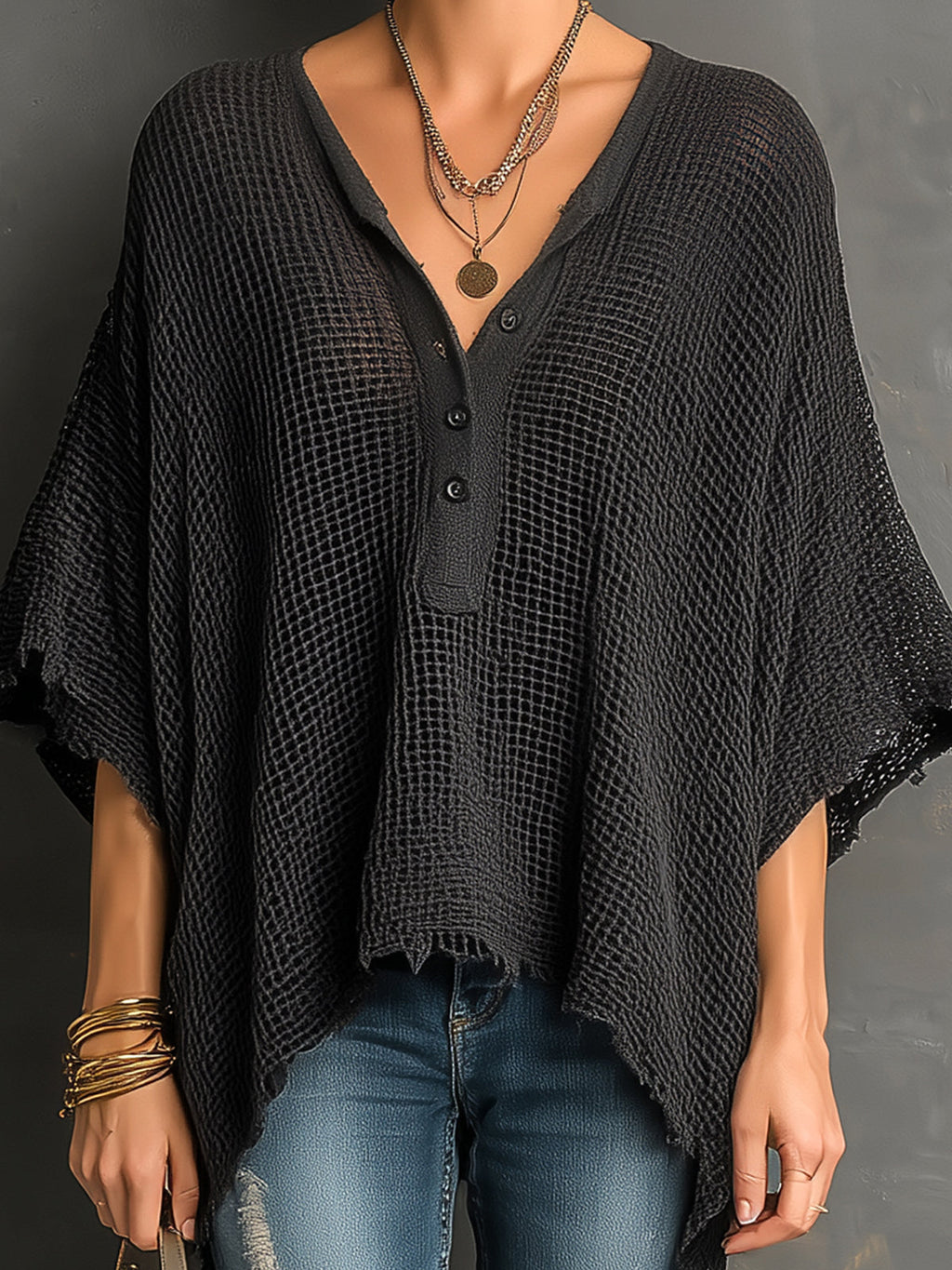 Chic Casual Black Henley Collar Dropped Shoulder Batwing-Sleeve Raw Edge Detail Loose-Fit Sweater