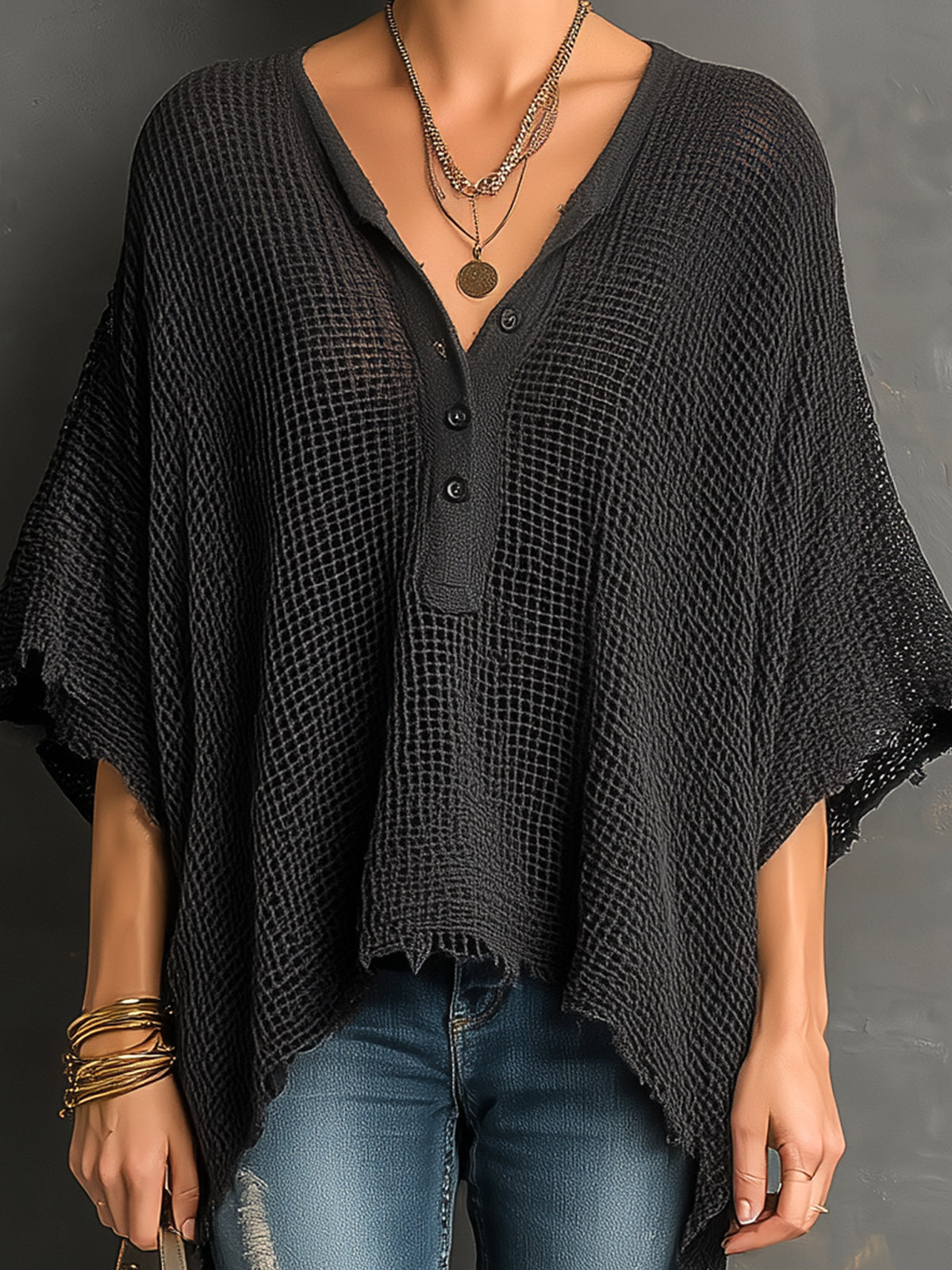 Chic Casual Black Henley Collar Dropped Shoulder Batwing-Sleeve Raw Edge Detail Loose-Fit Sweater