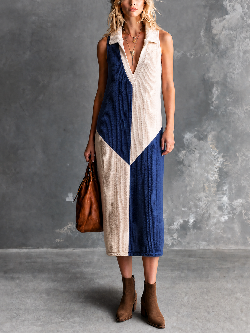 Chic Elegant Blue-White Colorblock Lapel V-Neck Sleeveless Loose-Fit Ribbed Knit Midi Dress