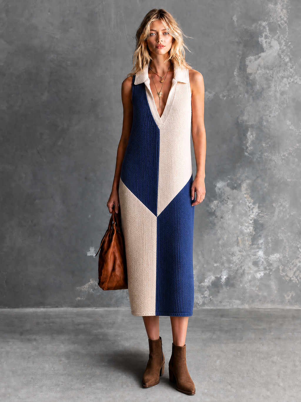 Chic Elegant Blue-White Colorblock Lapel V-Neck Sleeveless Loose-Fit Ribbed Knit Midi Dress