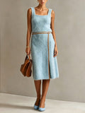 Chic Elegant Blue Mohair Blend Square-Neck Sleeveless Brown Trim Detail Slit Hem H-Shaped Knit Midi Dress