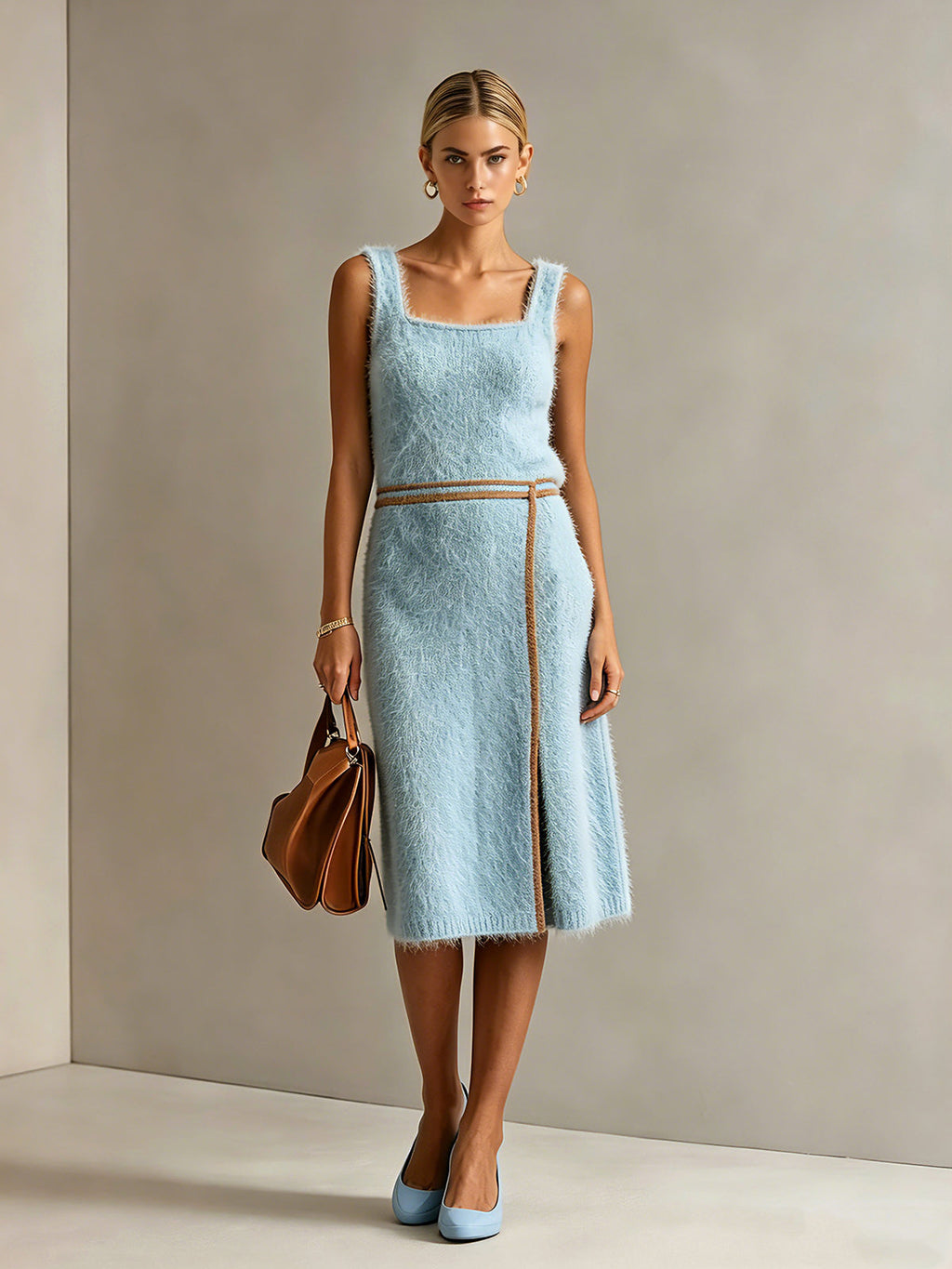 Chic Elegant Blue Mohair Blend Square-Neck Sleeveless Brown Trim Detail Slit Hem H-Shaped Knit Midi Dress