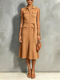 Chic Elegant Camel Lapel-Collar Single-Breasted Sleeveless Tie-Waist Multi-Pocket A-Line Soft Knit Midi Dress