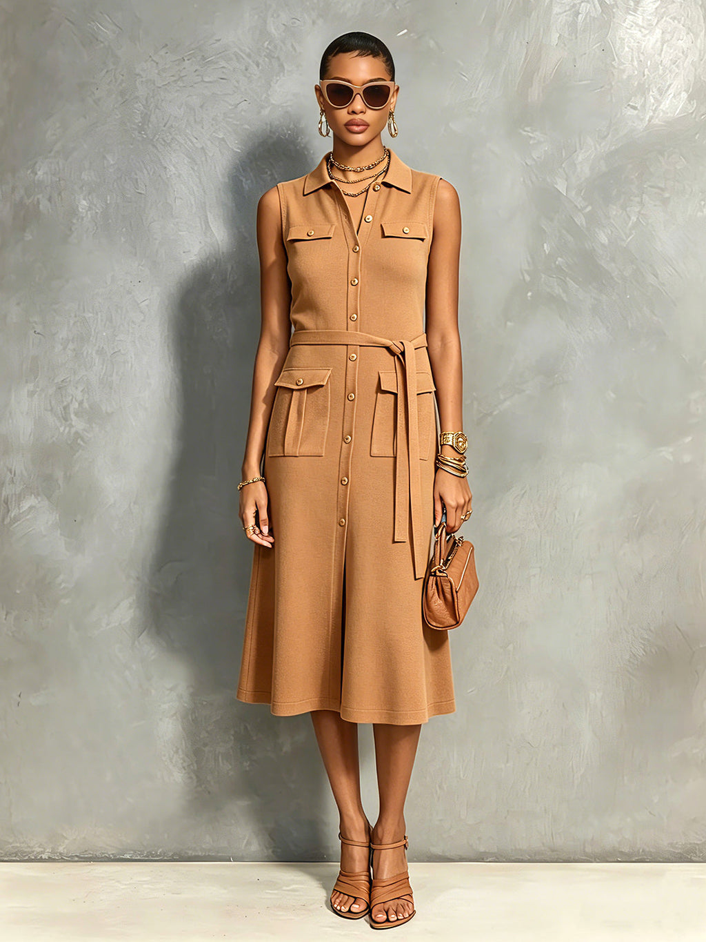 Chic Elegant Camel Lapel-Collar Single-Breasted Sleeveless Tie-Waist Multi-Pocket A-Line Soft Knit Midi Dress