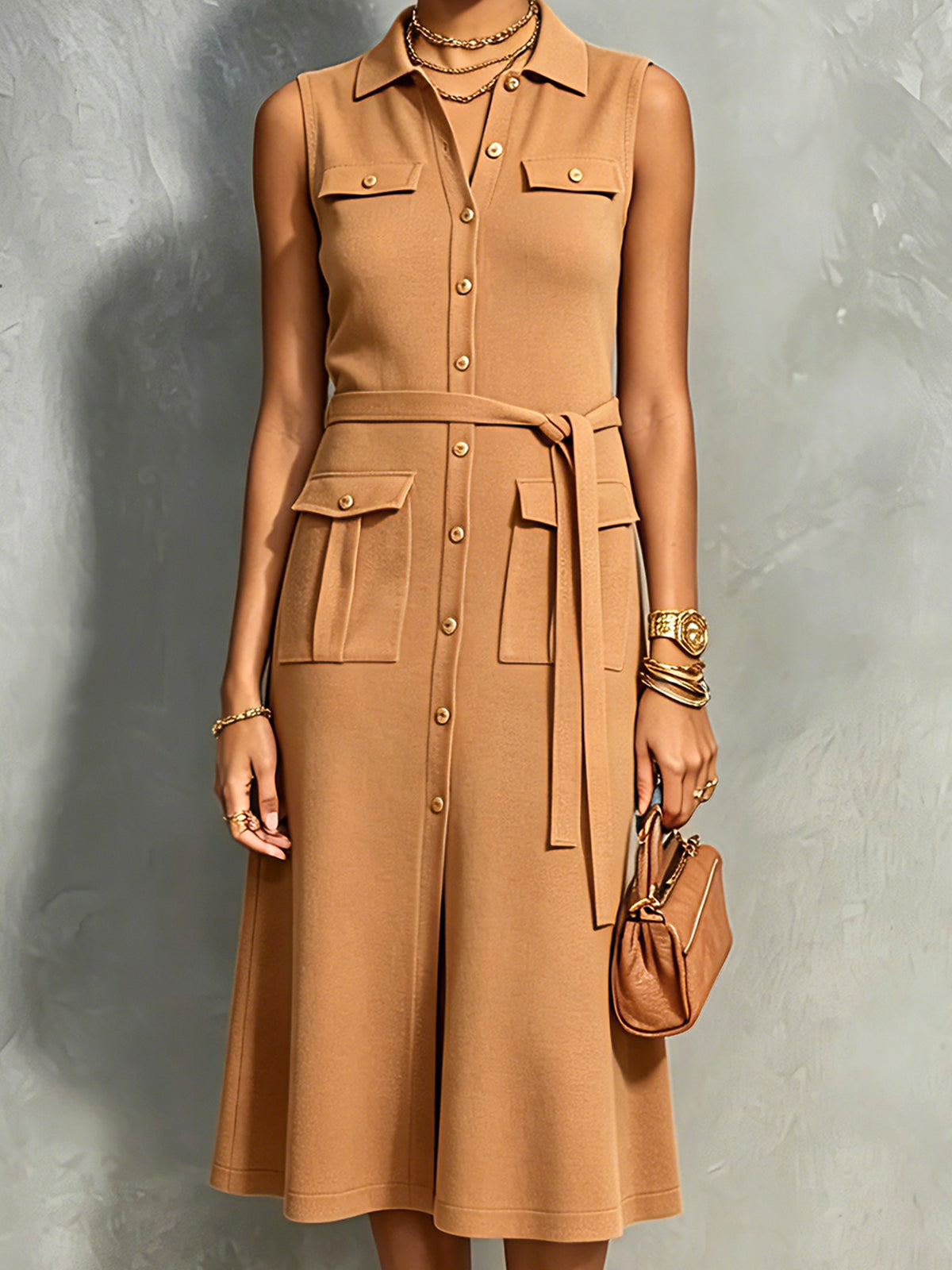 Chic Elegant Camel Lapel-Collar Single-Breasted Sleeveless Tie-Waist Multi-Pocket A-Line Soft Knit Midi Dress