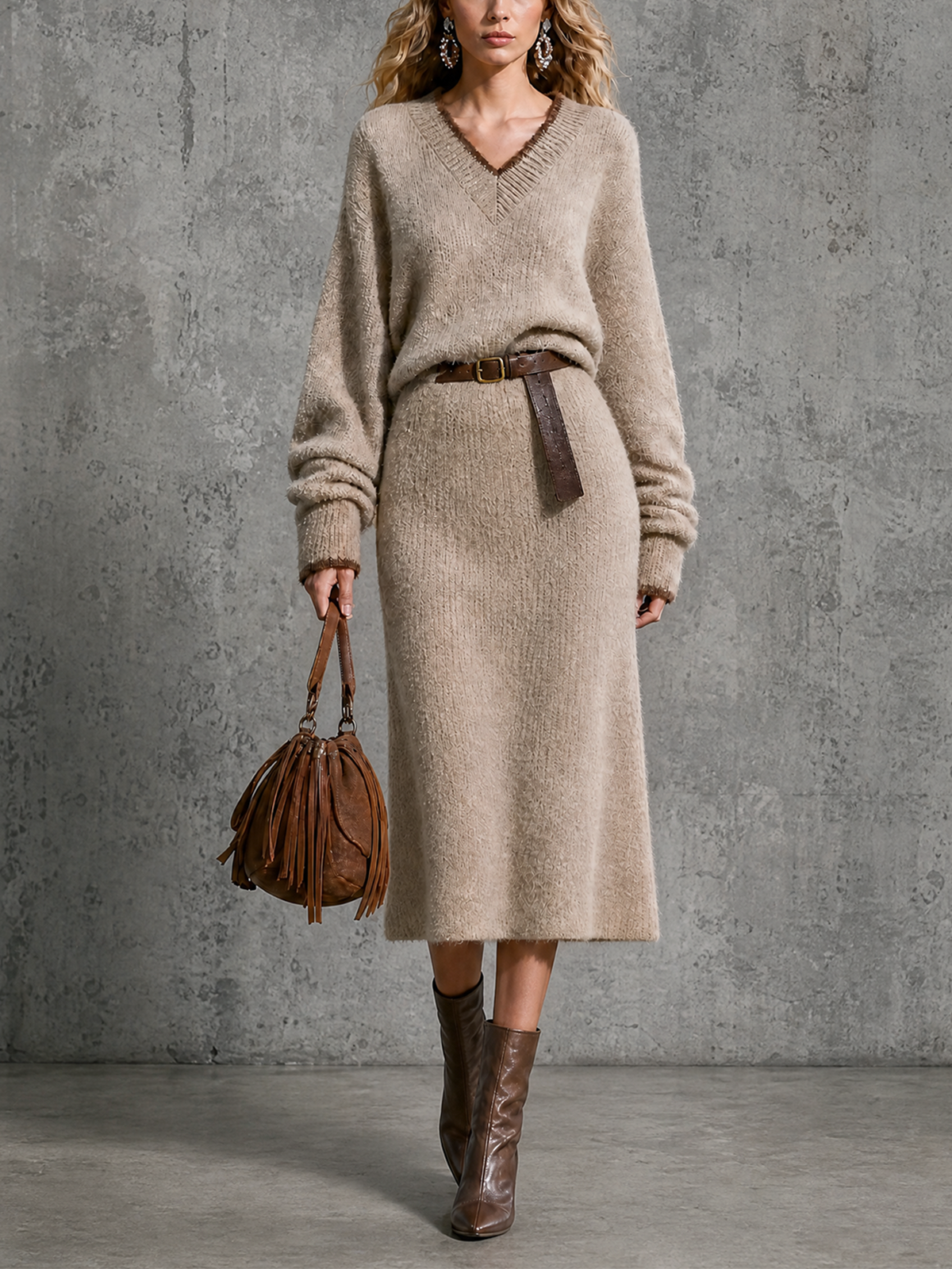 Chic Elegant Oat Beige V-Neck Contrast Trim Long Sleeve Loose-Fit Leather Belt Knit Midi Dress