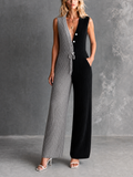 Chic Elegant Black-Gray V-Neck Button-Up Sleeveless Drawstring Waist Wide Leg Ribbed Knit Jumpsuit