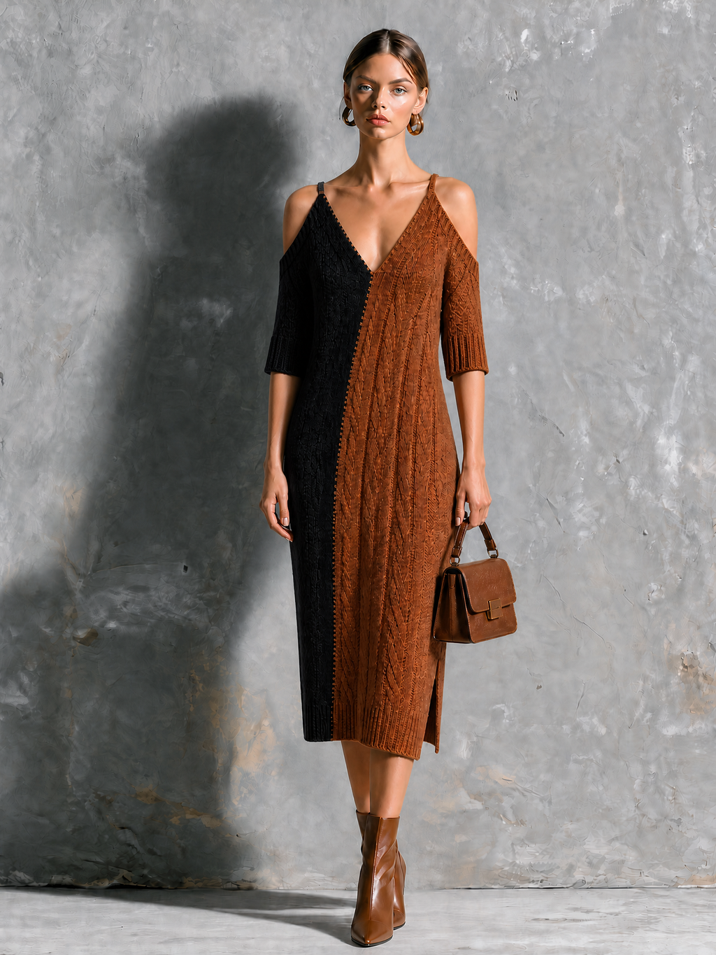 Chic Elegant Black-Brown Colorblock Spaghetti Straps Cold Shoulder V Neck Cable Half-Sleeve Loose-Fit Knit Midi Dress