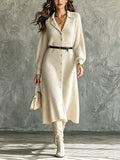 Chic Elegant Beige Peak Lapel Long-Lantern-Sleeve Single-Breasted Belted A-Line Loose-Fit Knit Midi Dress