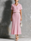 Chic Elegant Pink Lapel-Collar V-Neck Hollow-Out Detail Short Sleeve Loose-Fit A-Line Self Belt Knit Midi Dress