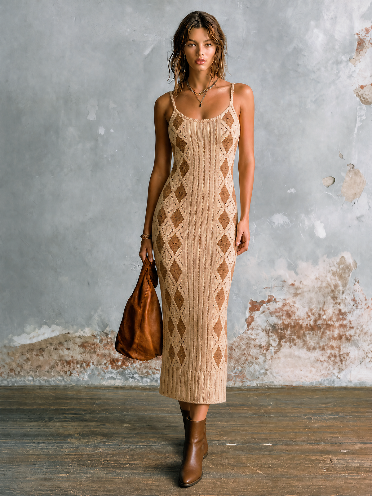 Chic Elegant Beige Spaghetti Straps U-Neck Contrast TrimArgyle Diamond Jacquard Sleeveless Slim-Fit Knit Midi Dress