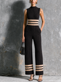 Chic Elegant Black Mock Neck Contrast Trim Sleeveless Slim-Fit Wide Leg Ribbed Knit Jumpsuit