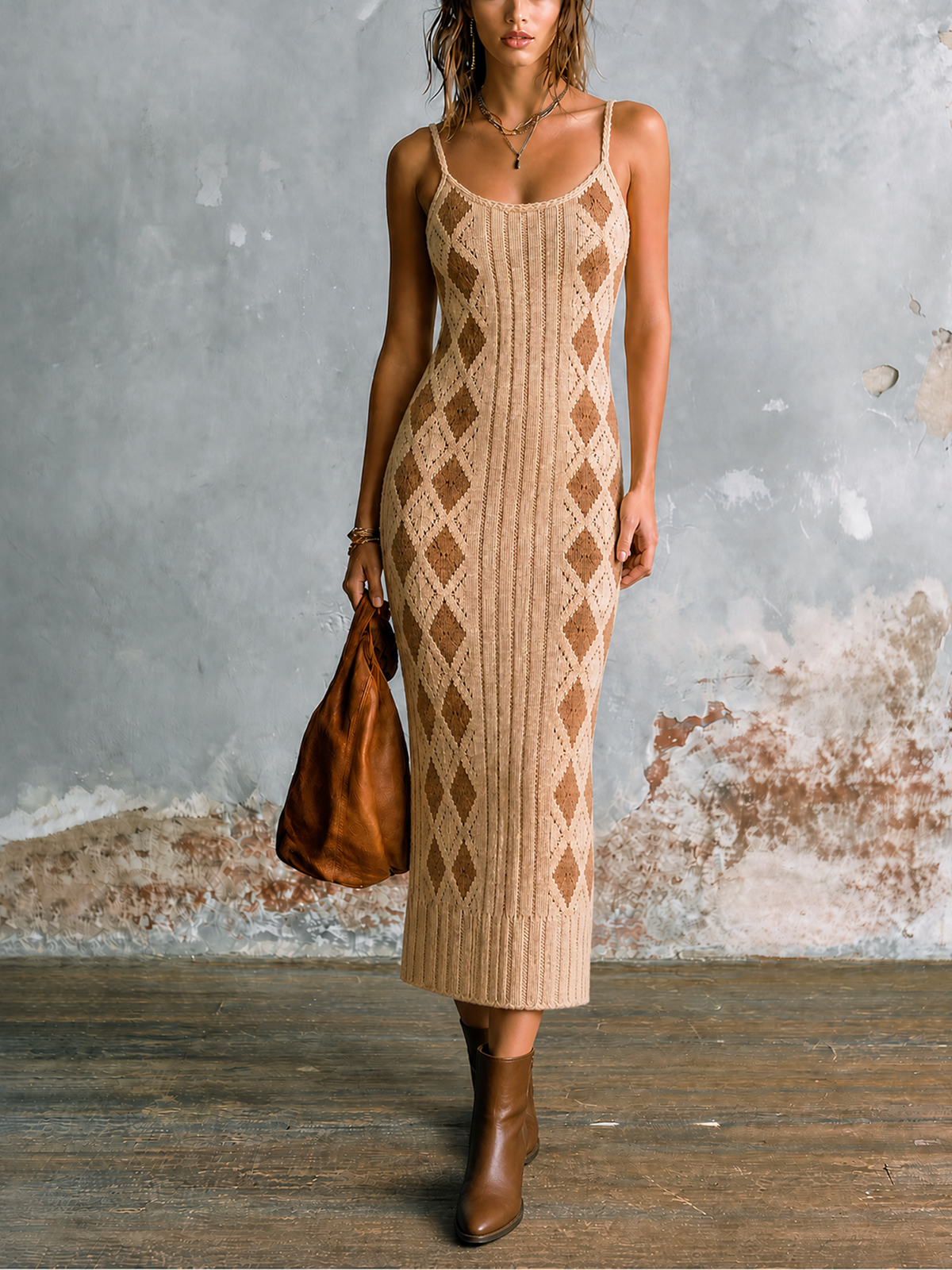 Chic Elegant Beige Spaghetti Straps U-Neck Contrast TrimArgyle Diamond Jacquard Sleeveless Slim-Fit Knit Midi Dress