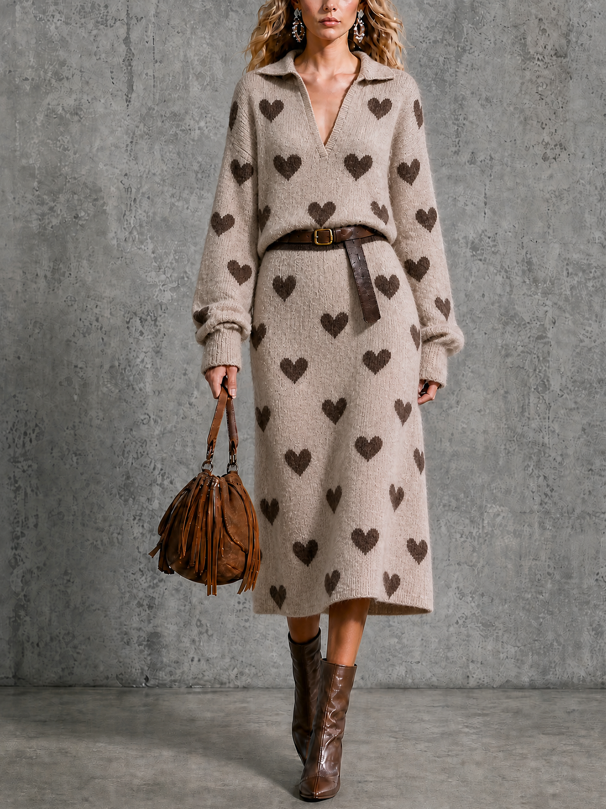 Chic Elegant Beige Lapel-Collar V-Neck Brown Heart Jacquard Long Sleeve Loose-Fit Leather Belt Knit Midi Dress