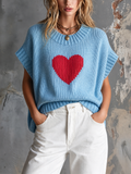 Chic Casual Light Blue Round-Neck Red Heart Jacquard Short-Sleeve Loose-Fit Knit Sweater Top