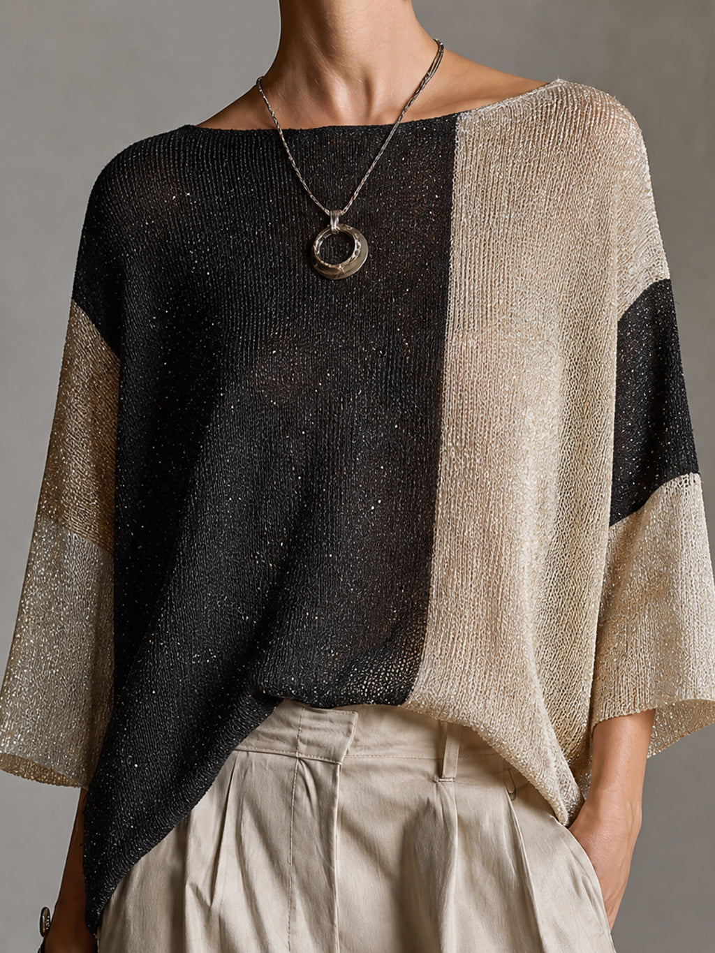 Chict Gold Black-Beige Colorblock Boat Neck Three Quarter Sleeve Loose-Fit Knit Sweater Top