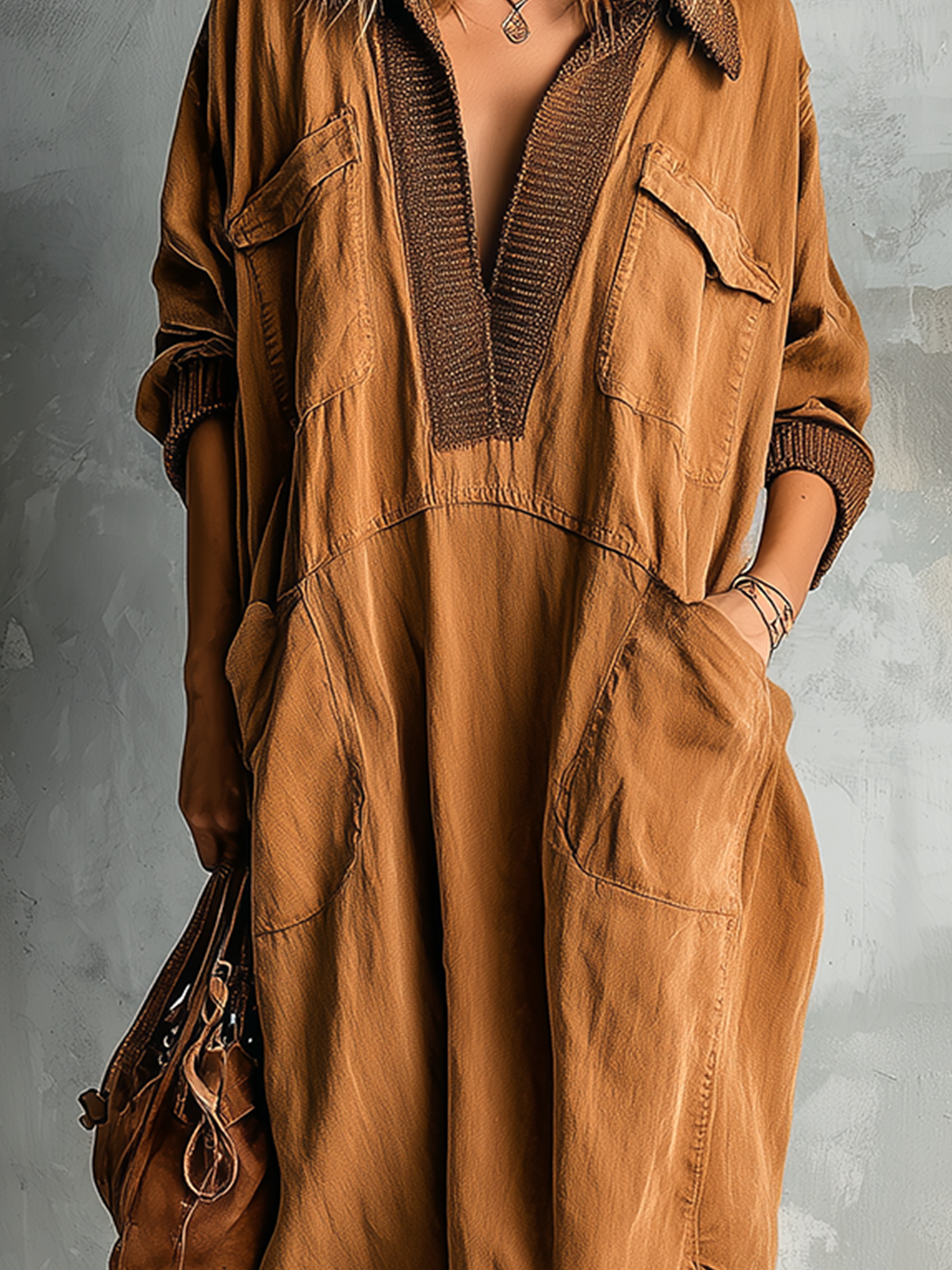 Chic Casual Caramel Cotton Blend Lapel-Collar Contrast Trim V-Neck Patch Pockets Long Sleeve Asymmetrical Hem Loose-Fit Midi Dress