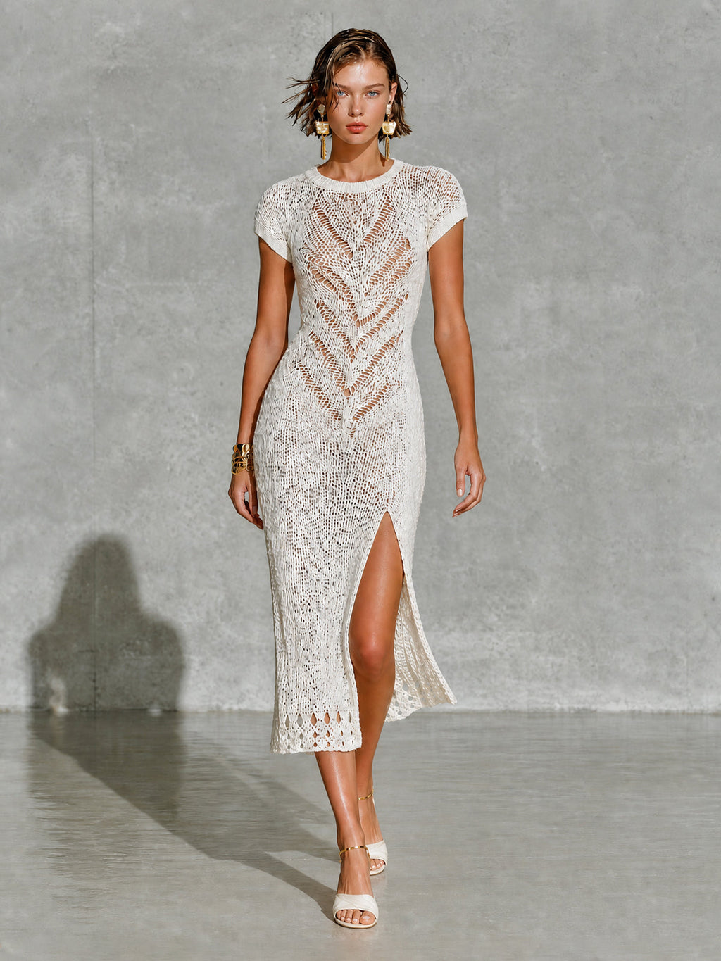 Chic White Round Neck Raglan Half Sleeve Slit Detail Slim-Fit Hollow Chevron Knit Midi Dress