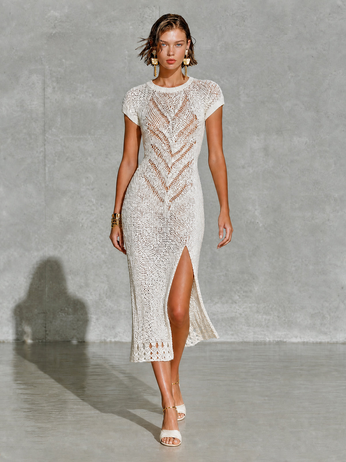 Chic White Round Neck Raglan Half Sleeve Slit Detail Slim-Fit Hollow Chevron Knit Midi Dress