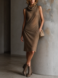 Chic Elegant Taupe Cowl Neck Sleeveless Loose-Fit Knit Midi Dress