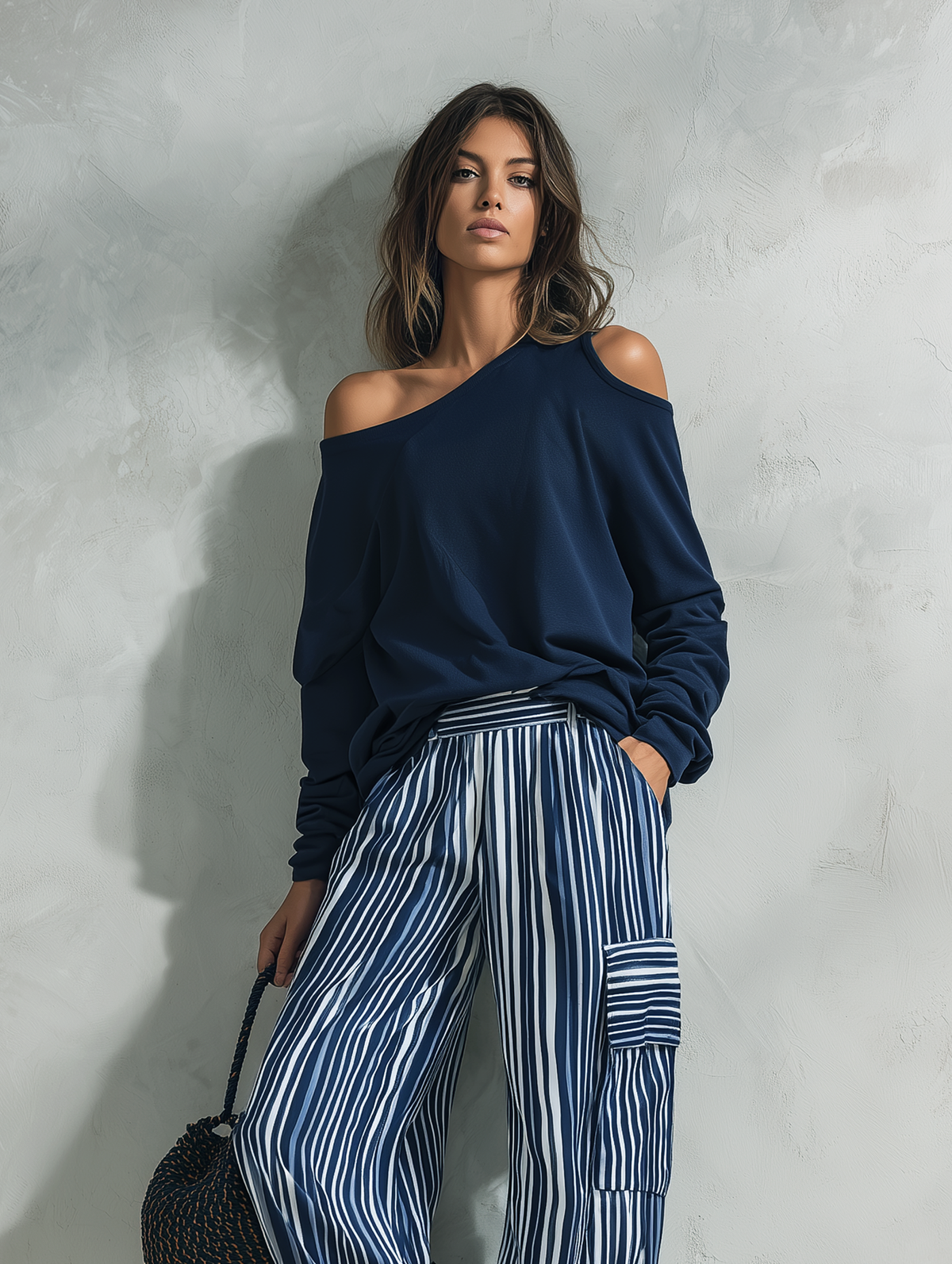 Women's Casual 2-Piece Set Long-sleeved Top In Navy Blue Sweatshirt Fabric And Blue-and-white Striped Woven Trousers MDZ2895G0LXY