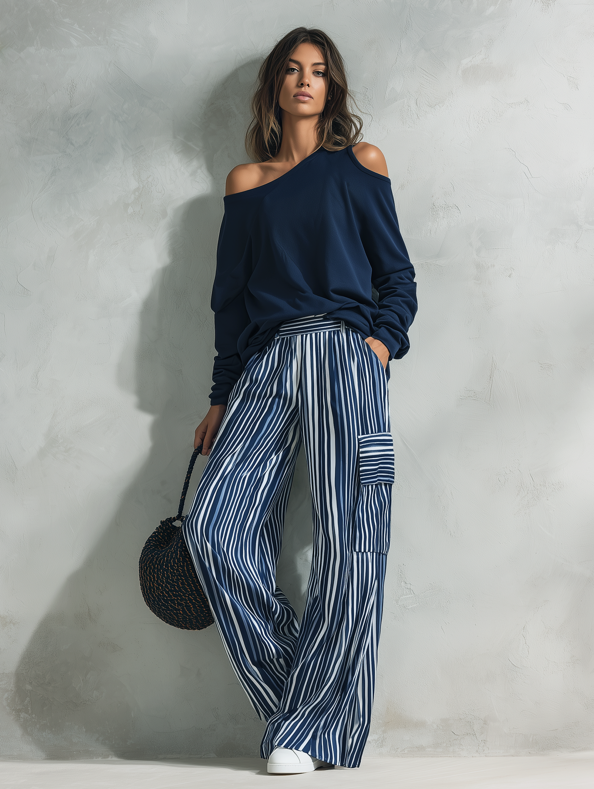 Women's Casual 2-Piece Set Long-sleeved Top In Navy Blue Sweatshirt Fabric And Blue-and-white Striped Woven Trousers MDZ2895G0LXY