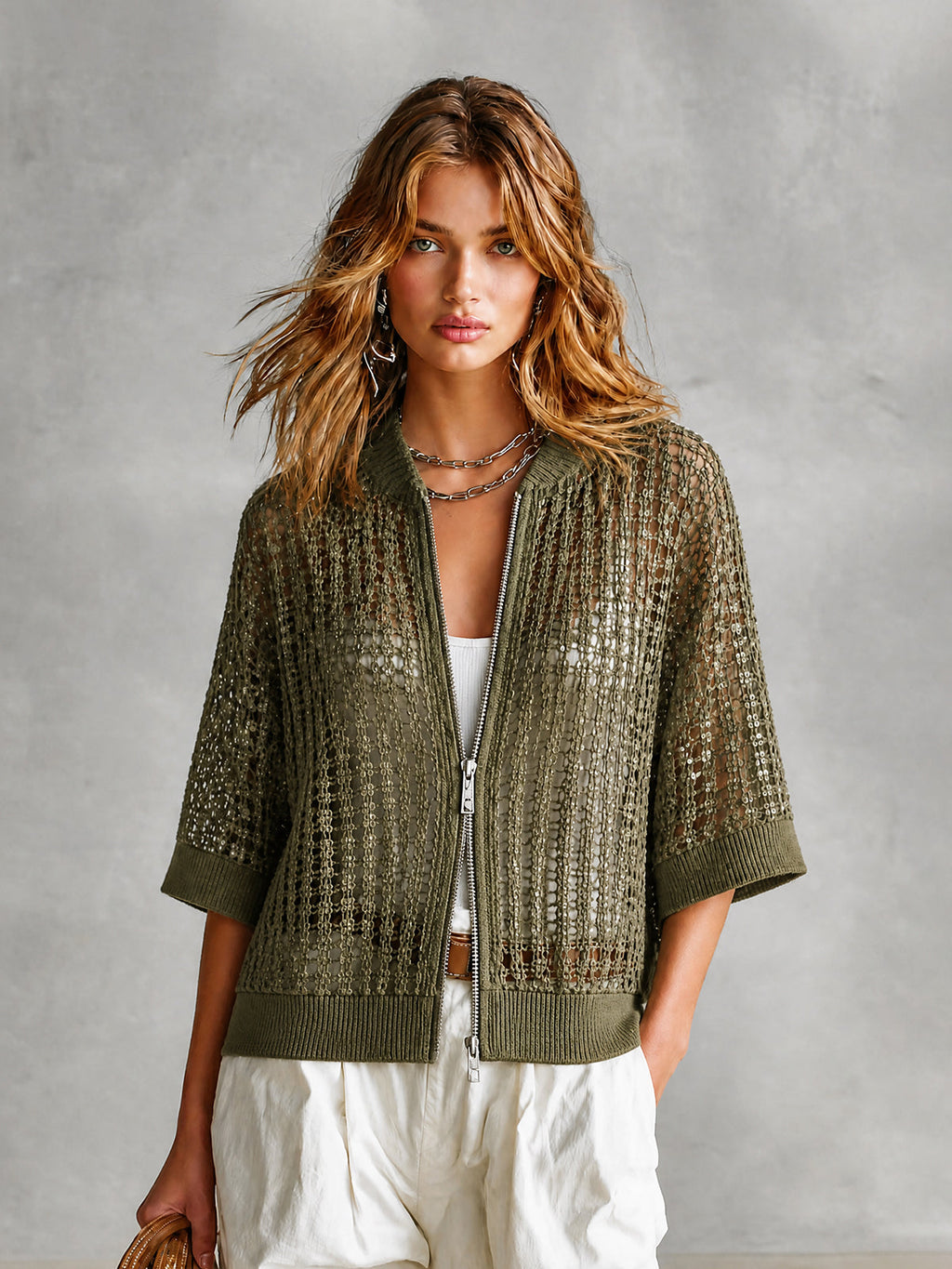 Chic Olive Green Baseball Collar Sequins Double-Ended Zip Half Sleeve Loose Mesh Knit Cardigan Top