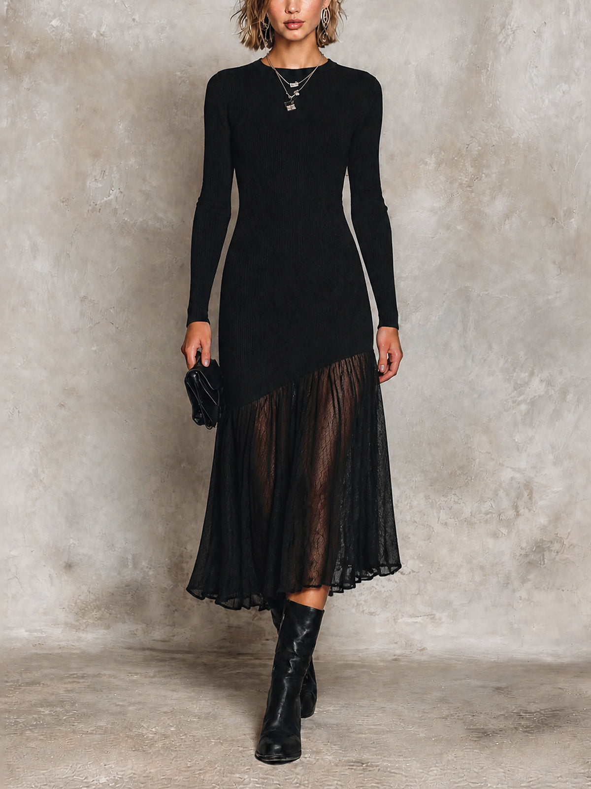 Chic Black Round Neck Long Sleeve Asymmetrical Splic Hem Pleated Skirt Slim-Fit Knit Midi Dress