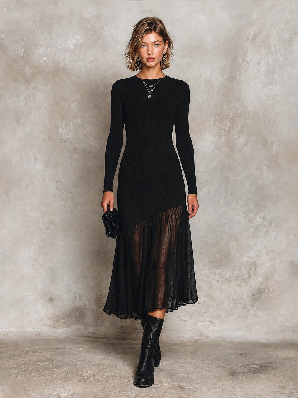 Chic Black Round Neck Long Sleeve Asymmetrical Splic Hem Pleated Skirt Slim-Fit Knit Midi Dress