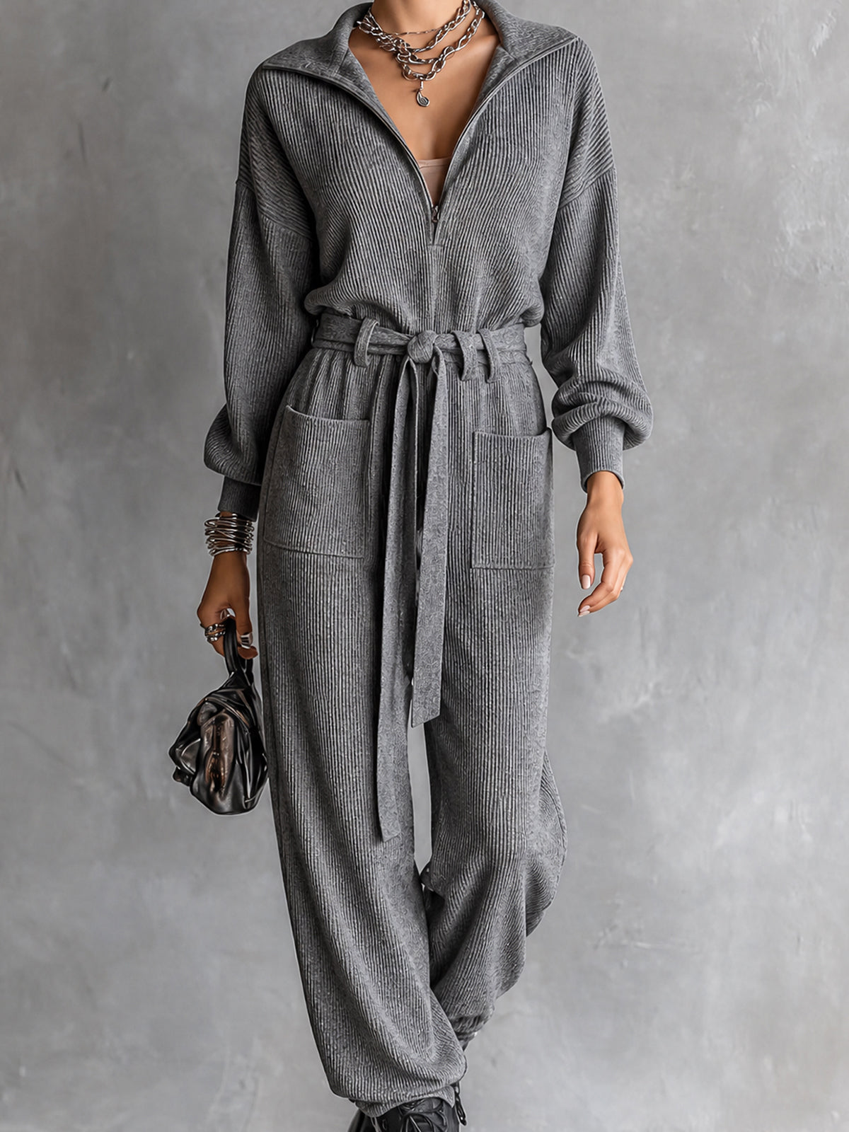 Chic Casual Grey Half-Zip Lapel Collar Long Sleeve Self Tie Belt Pocket Detail Loose-Fit Rib Knit Jumpsui