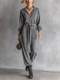 Chic Casual Grey Half-Zip Lapel Collar Long Sleeve Self Tie Belt Pocket Detail Loose-Fit Rib Knit Jumpsui