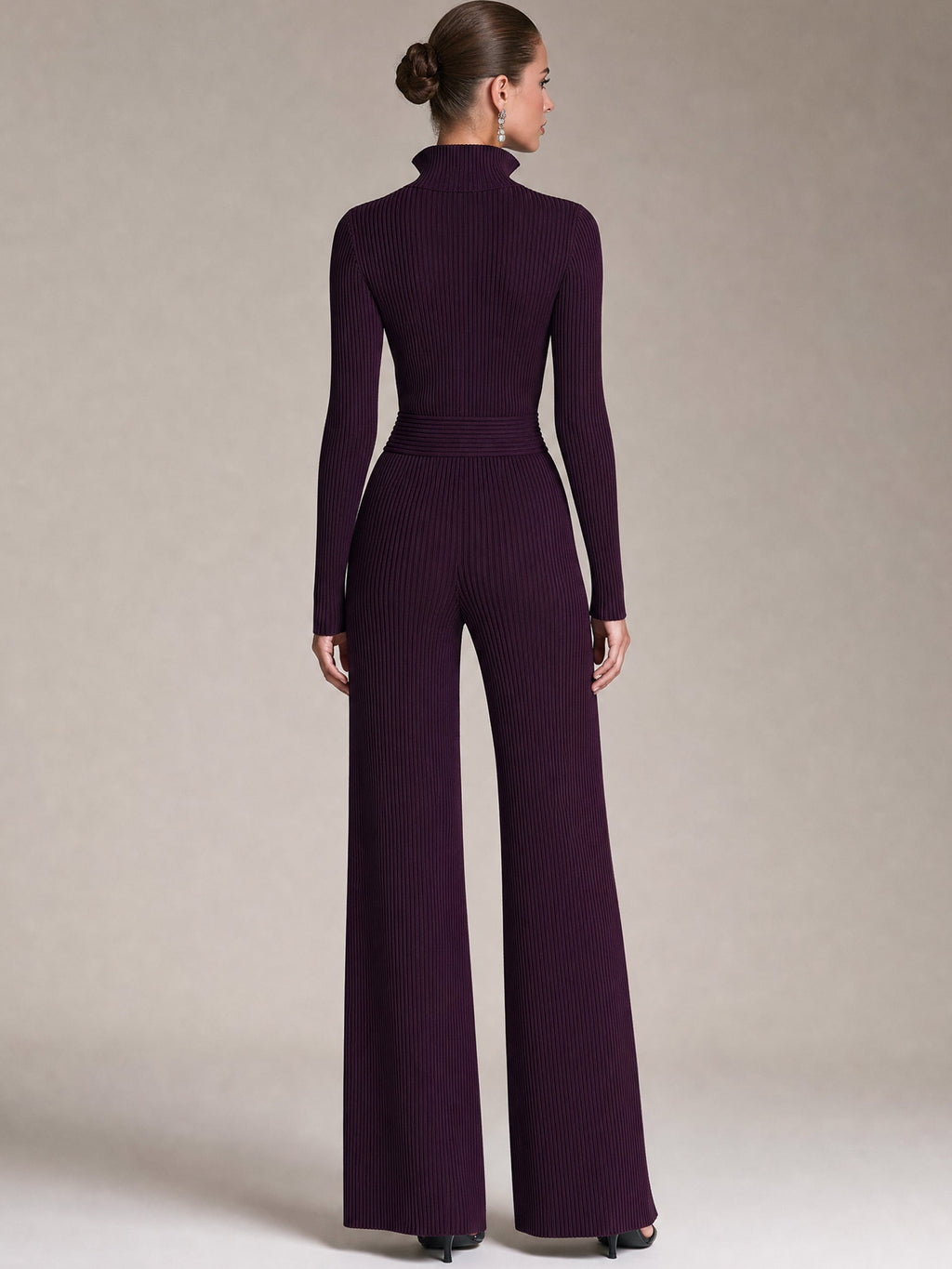 Plum Purple Ribbed Knit Half-Zip Stand Collar Wide Leg Jumpsuit