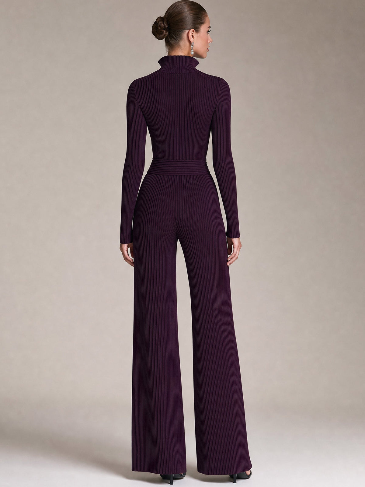 Plum Purple Ribbed Knit Half-Zip Stand Collar Wide Leg Jumpsuit