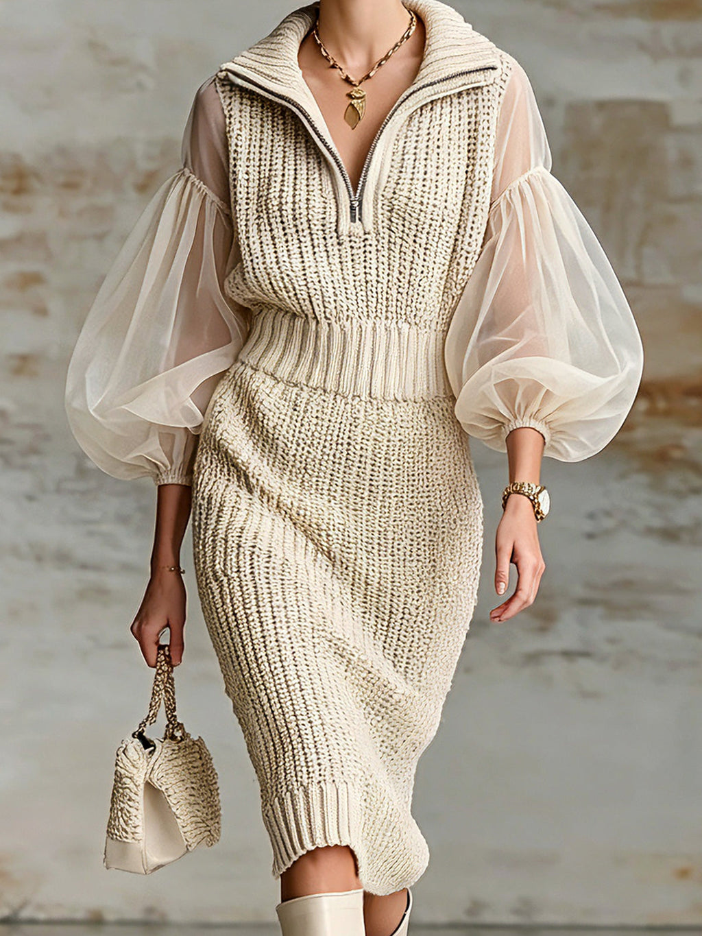 Chic Elegant Beige Zipper-Up Lapel Collar Organza Puff Sleeve Elastic-Waist Ribbed Knit Midi Dress