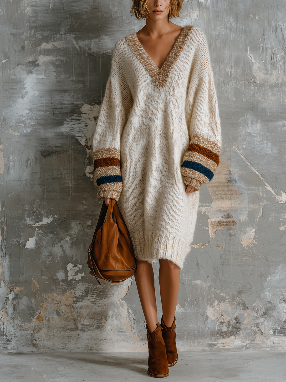 Chic Elegant Off-White V-Neck Contrast Stripe Long-Sleeve Loose-Fit Knit Midi Dress