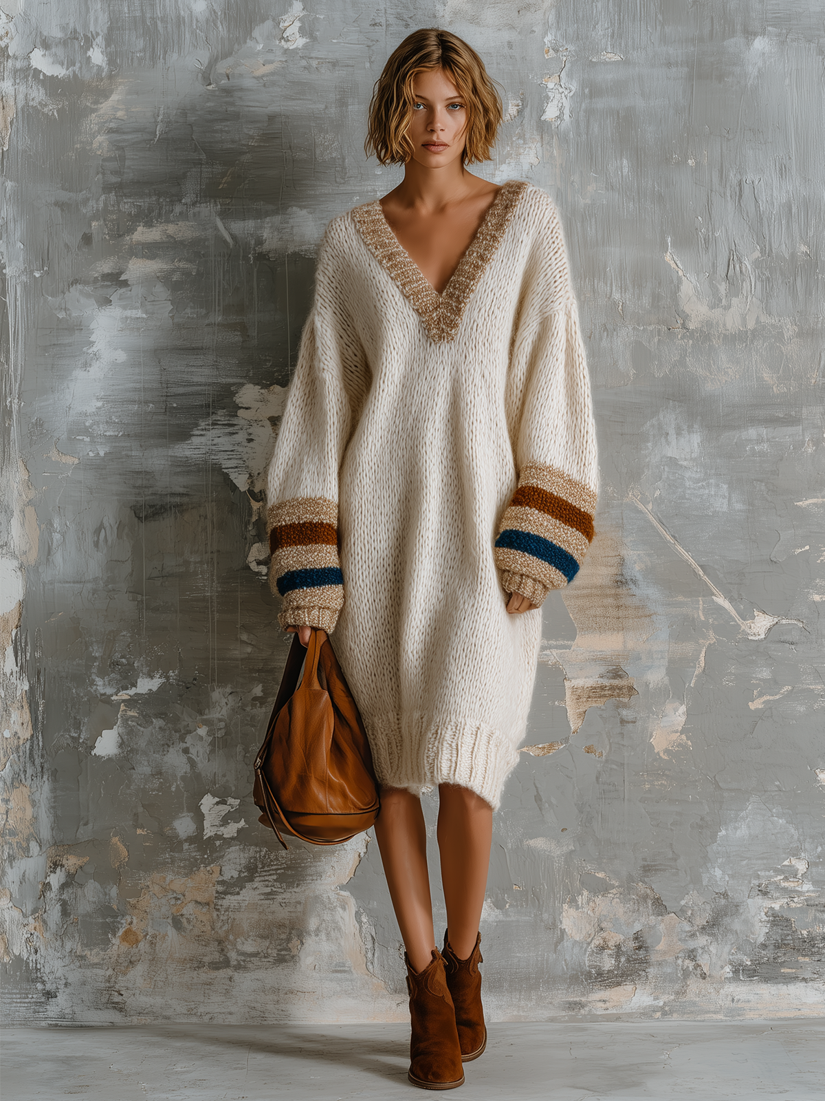 Chic Elegant Off-White V-Neck Contrast Stripe Long-Sleeve Loose-Fit Knit Midi Dress