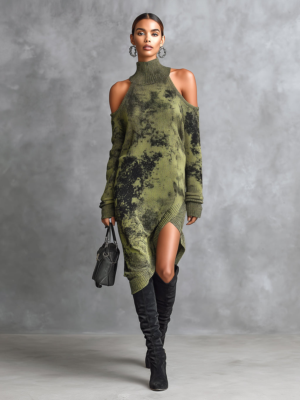Chic Casual Army Green Camouflage Jacquard Turtleneck Shoulder-Cutout Long-Sleeve Asymmetrical Hem Knit Midi Dress