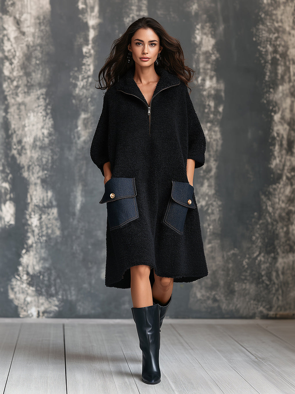 Chic Casual Black Zipper-Up Lapel Collar Half-Sleeve Blue Denim Patch Pockets A-Line Loose-Fit Knit Midi Dress