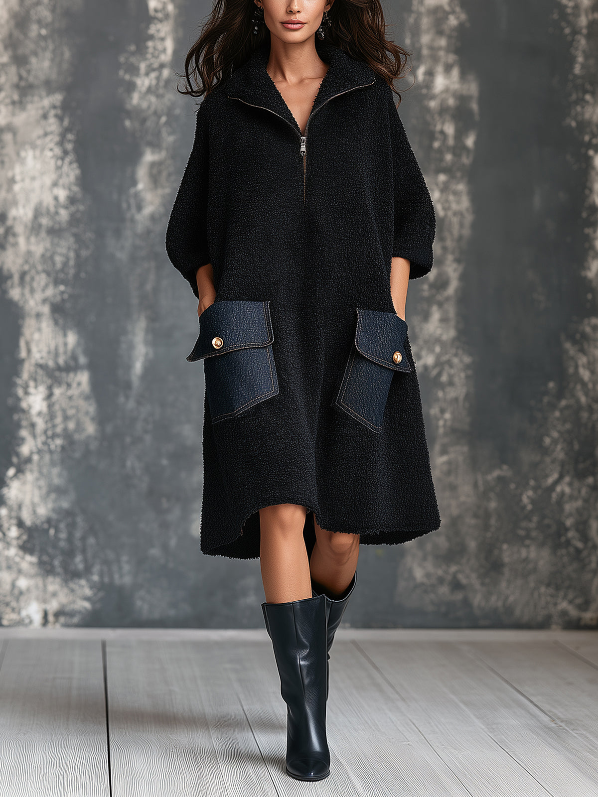 Chic Casual Black Zipper-Up Lapel Collar Half-Sleeve Blue Denim Patch Pockets A-Line Loose-Fit Knit Midi Dress