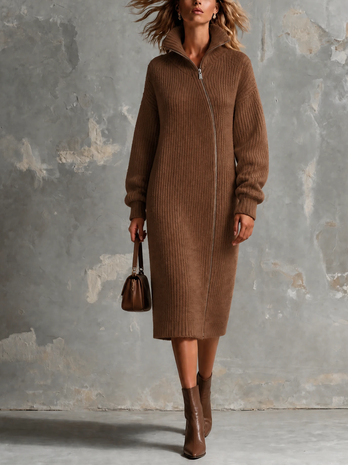 Chic Elegant Brown Stand High Collar Asymmetrical Zipper Long-Sleeve Loose-Fit Ribbed Knit Midi Dress