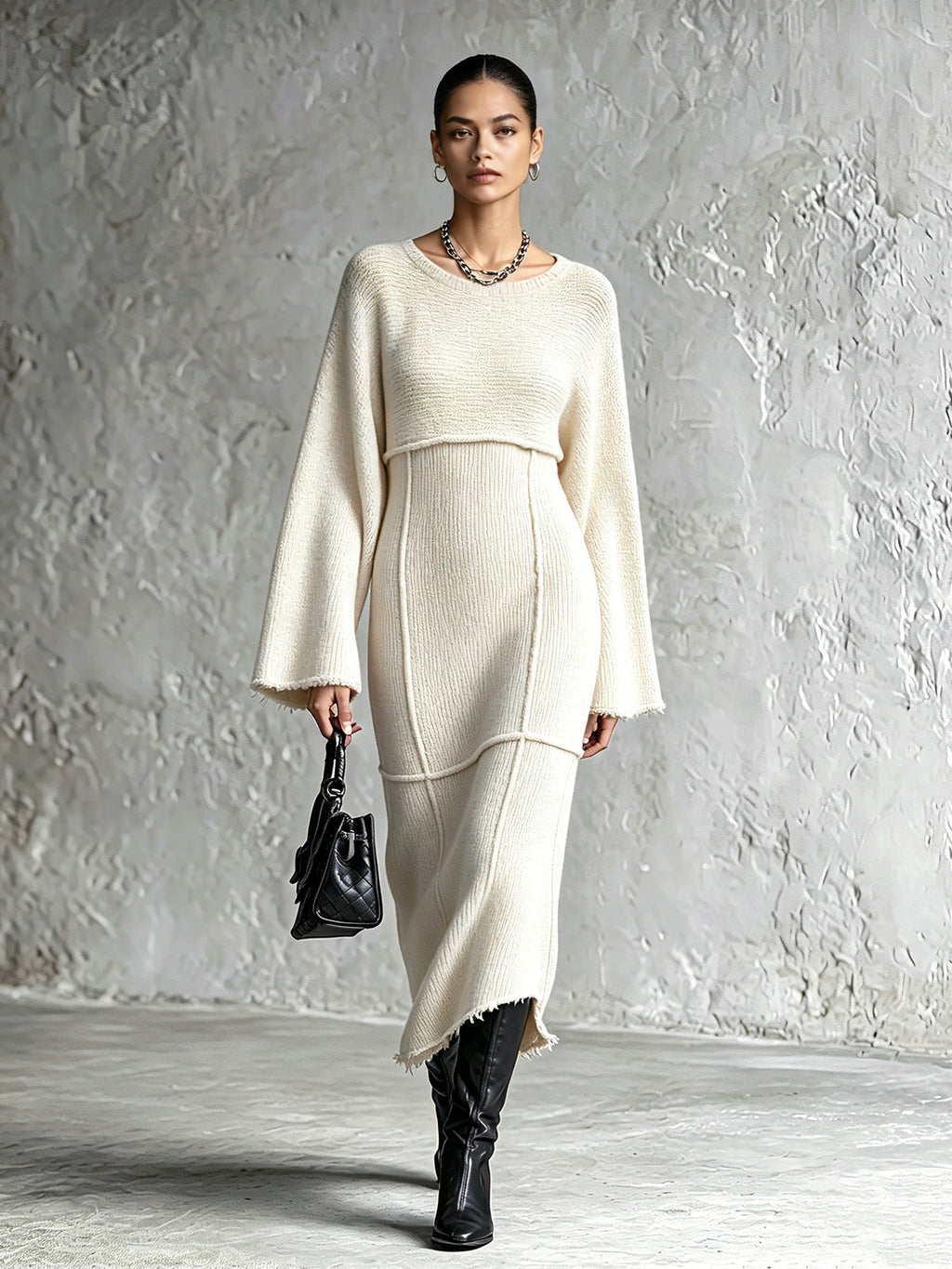 Chic Elegant Cream White Round-Neck Long-Flare-Sleeve Raw Edge Detail Patch Pockets Detail A-Line Knit Midi Dress