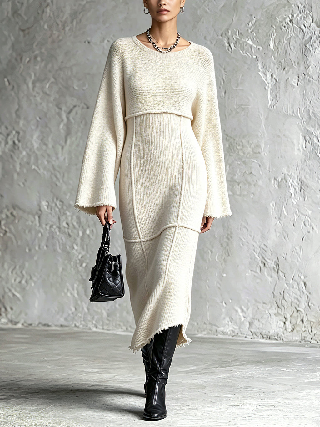 Chic Elegant Cream White Round-Neck Long-Flare-Sleeve Raw Edge Detail Patch Pockets Detail A-Line Knit Midi Dress